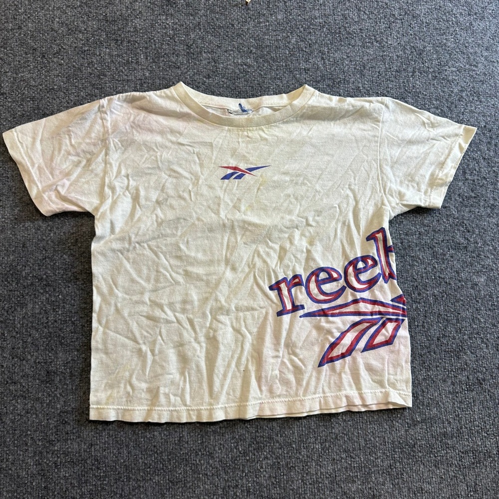 Reebok T-Shirt Mens Small White Vintage Side Graphic Logo Short Sleeve Cotton